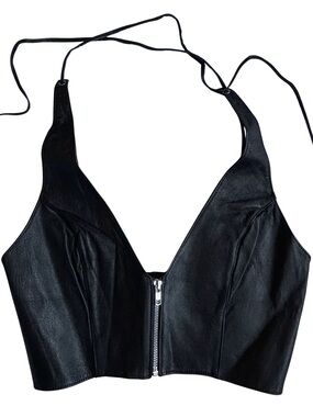 Allure Lingerie NWOT Genuine Leather Black Cropped Corset Zip Top — Size M